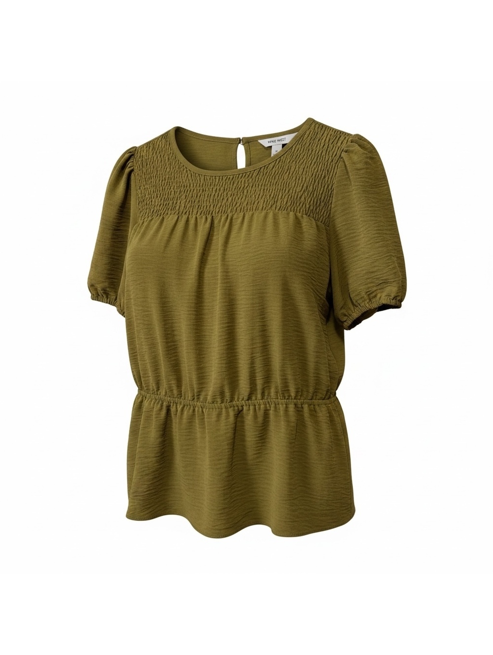 Olive Green Business Casual Officewear Smocked Waist Peplum Blouse Medium